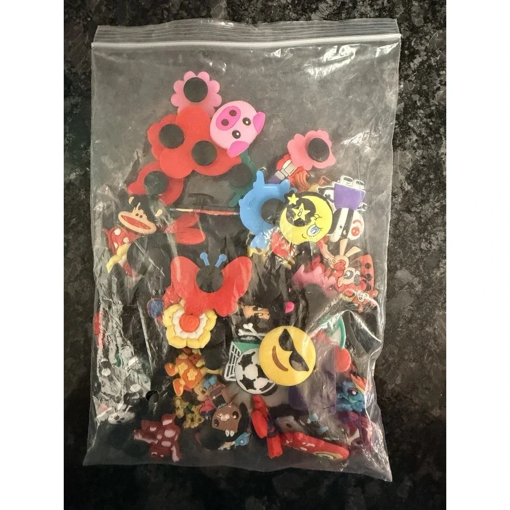 RANDOM Lot of approximately 58 Jibbitz Shoe Charms Cherry Sun Butterfly Cow